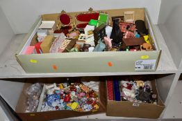 THREE BOXES OF DOLL'S HOUSE FURNITURE AND ACCESSORIES, including boxed and loose modern collectors