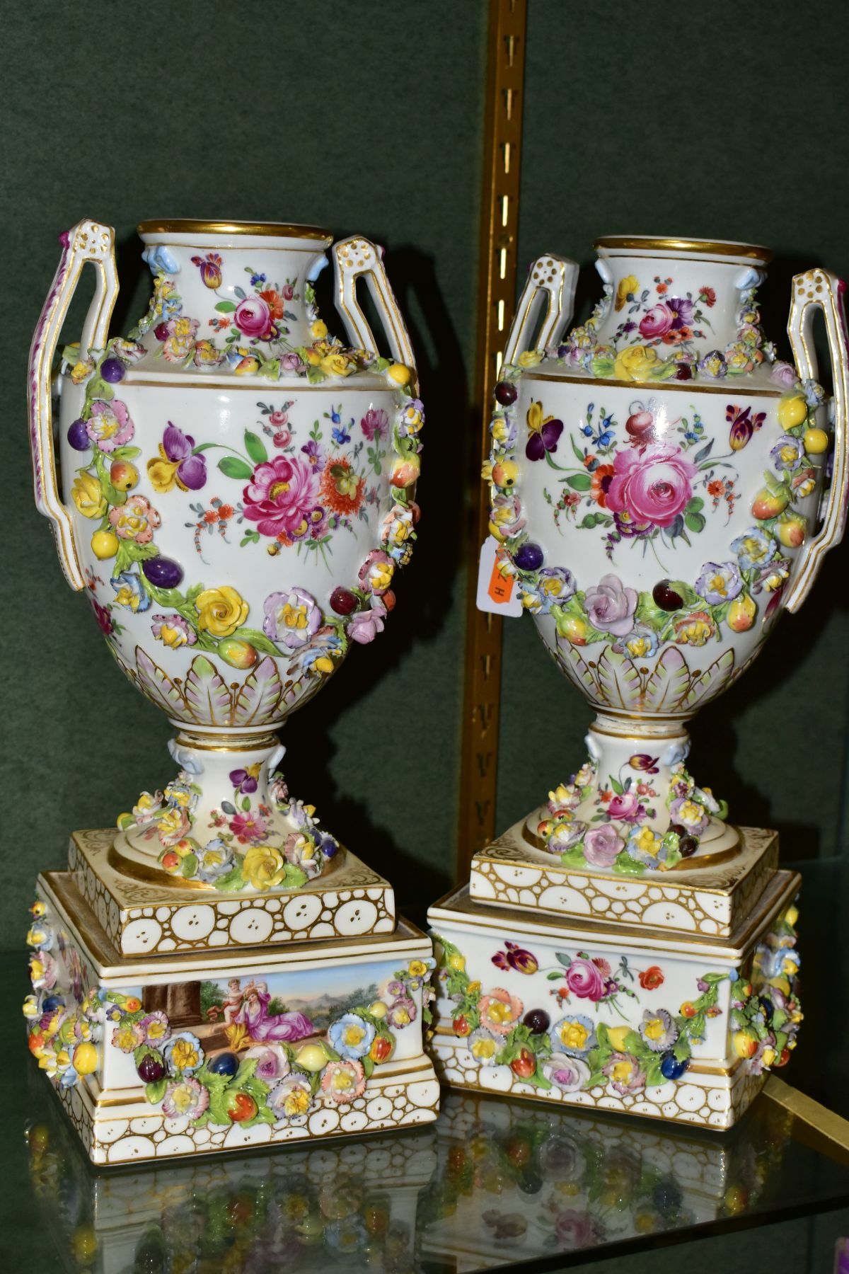 A PAIR OF EARLY 20TH CENTURY POTSCHAPPEL PORCELAIN TWIN HANDLED FLORAL ENCRUSTED VASES ON PLINTHS, - Image 7 of 20