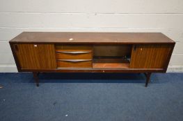 AN AFROMOSIA SIDEBOARD with zebrawood sliding doors and three drawers, on tapering legs, width 221cm