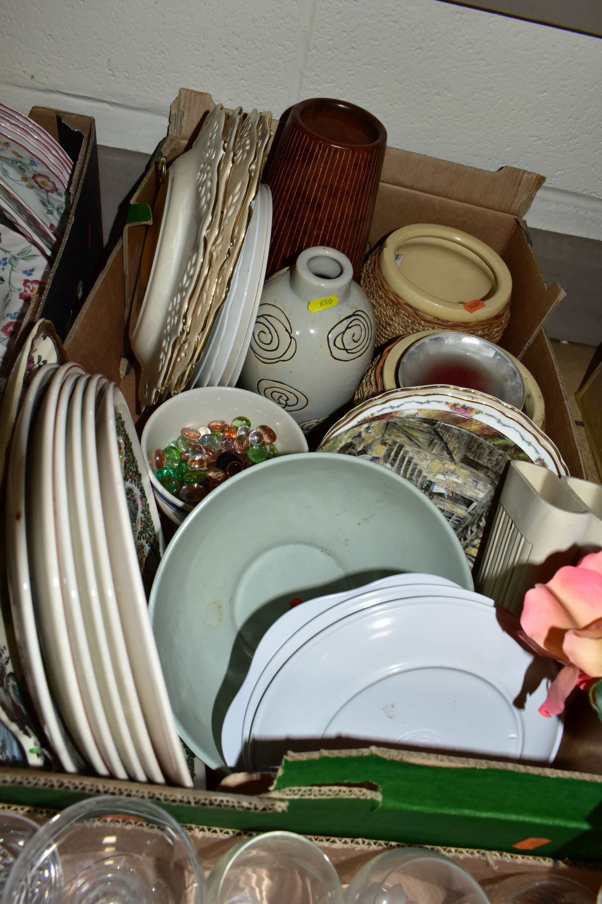 SIX BOXES OF CERAMICS AND GLASSWARE, including modern figural ornaments, a Churchill floral - Image 7 of 13