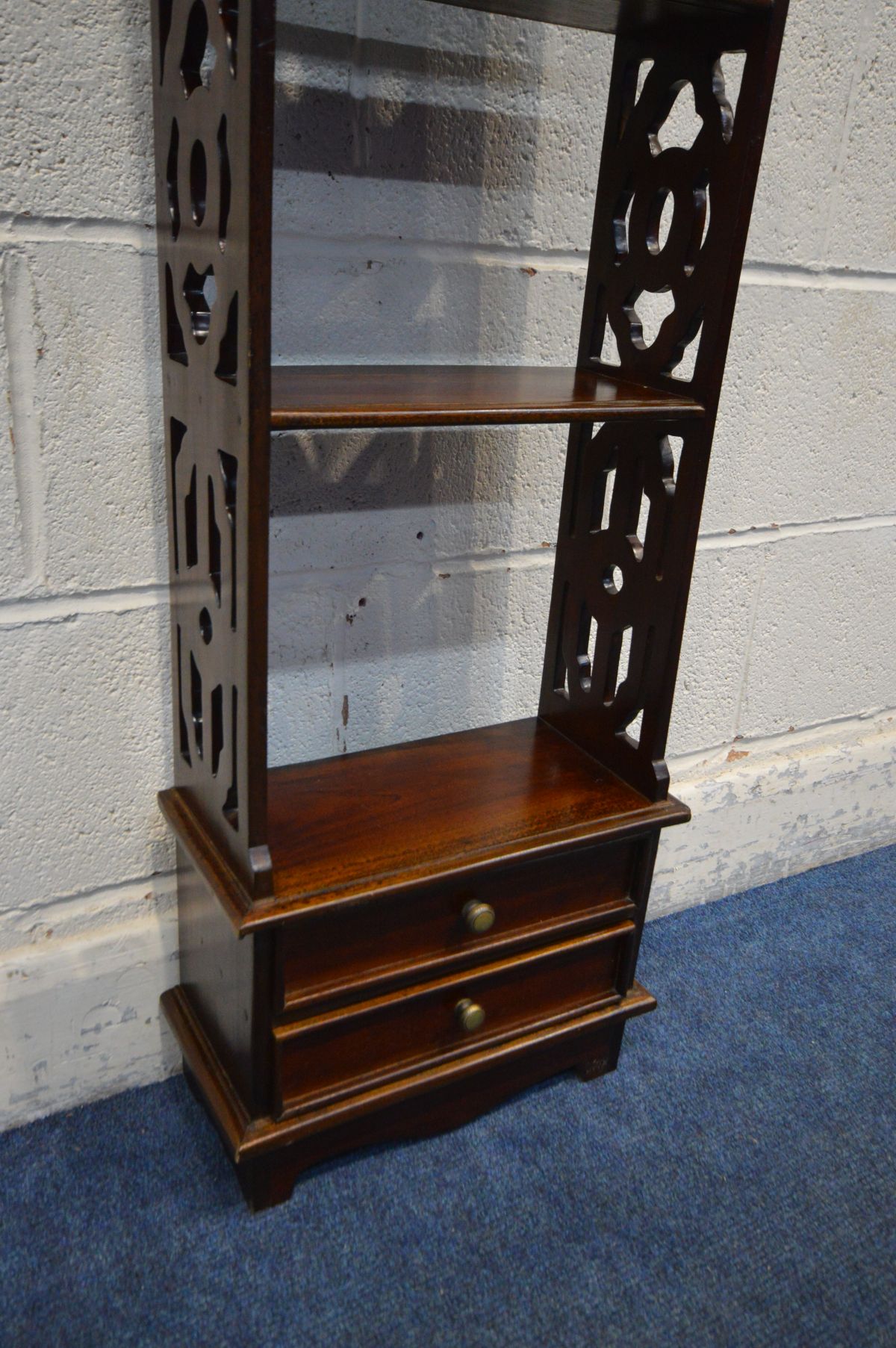 A SLIM HARDWOOD OPEN BOOKCASE with two drawers, width 35cm x depth 16cm x height 111cm - Image 2 of 2