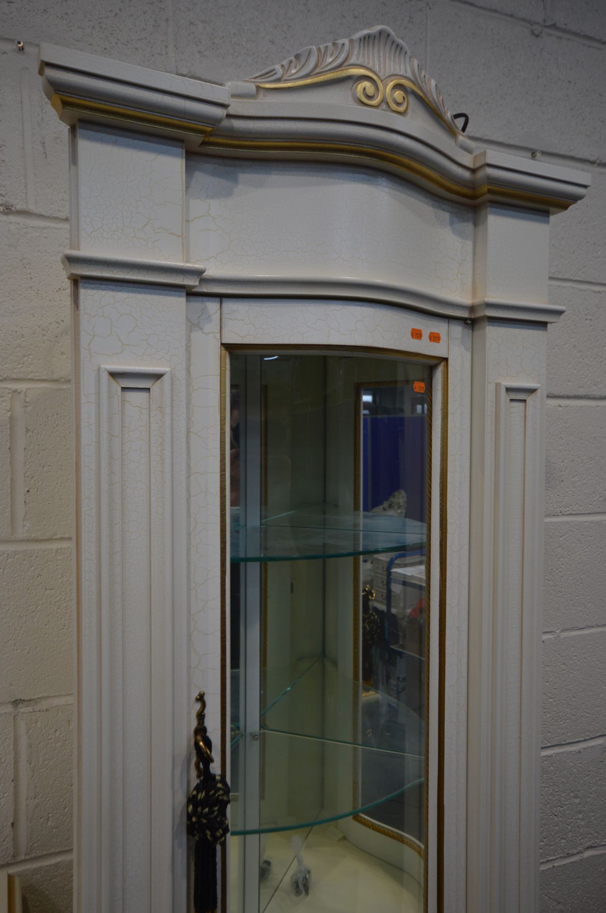 A FRENCH STYLE CORNER CUPBOARD with a bowfront glazed door enclosing two fixed glass shelves, - Image 2 of 5