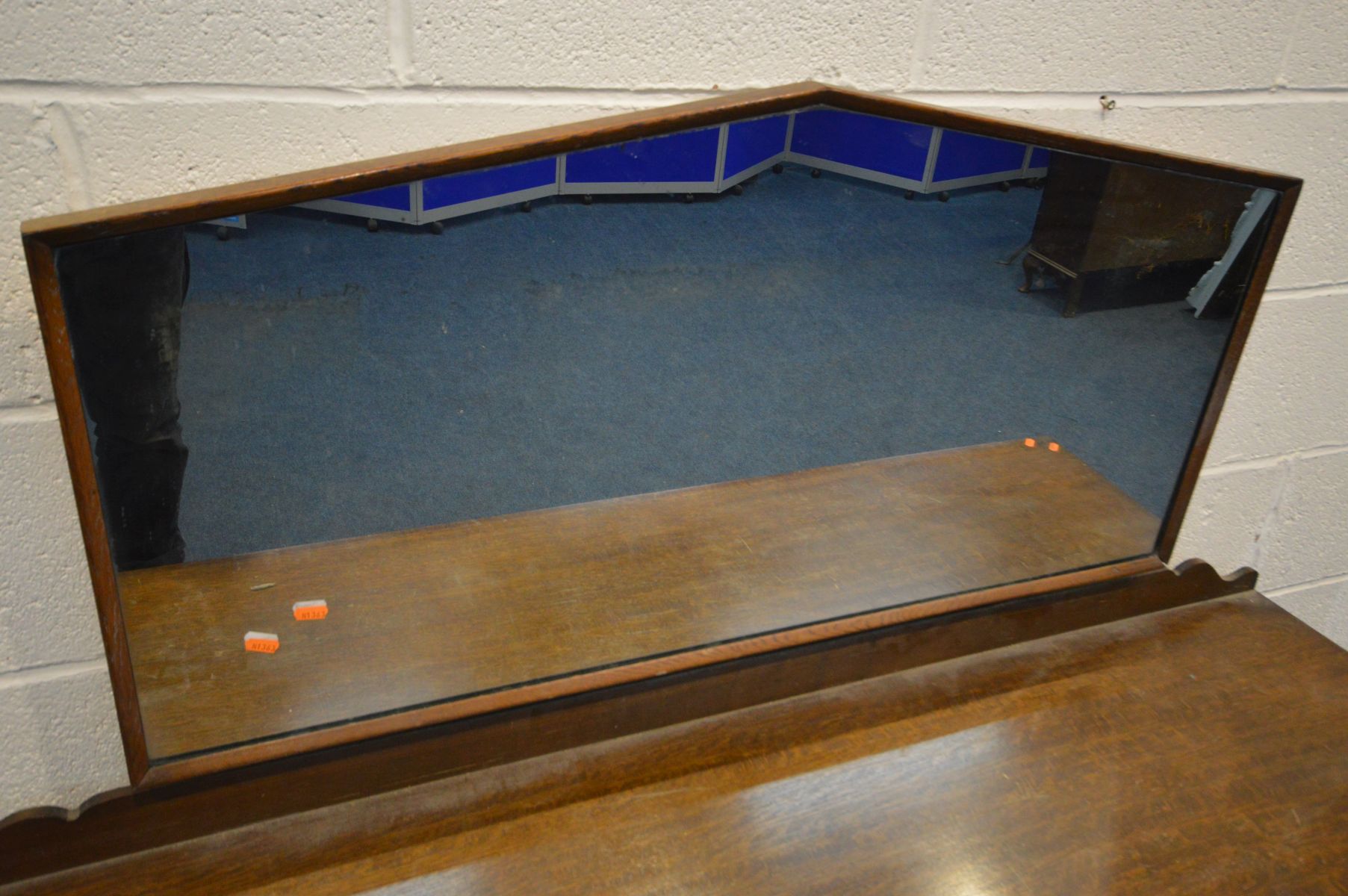 AN OAK GOTHIC DRESSING TABLE with a shaped mirror, two cupboard doors flanking a single drawer, - Image 2 of 5