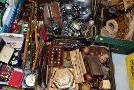 THREE BOXES AND LOOSE TREEN AND METALWARES, including chromed and plated tea wares, decorative