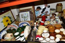 SEVEN BOXES AND LOOSE CERAMCS, PICTURES, GLASSWARE, METALWARE, ETC, including a Ben Thomas jug and