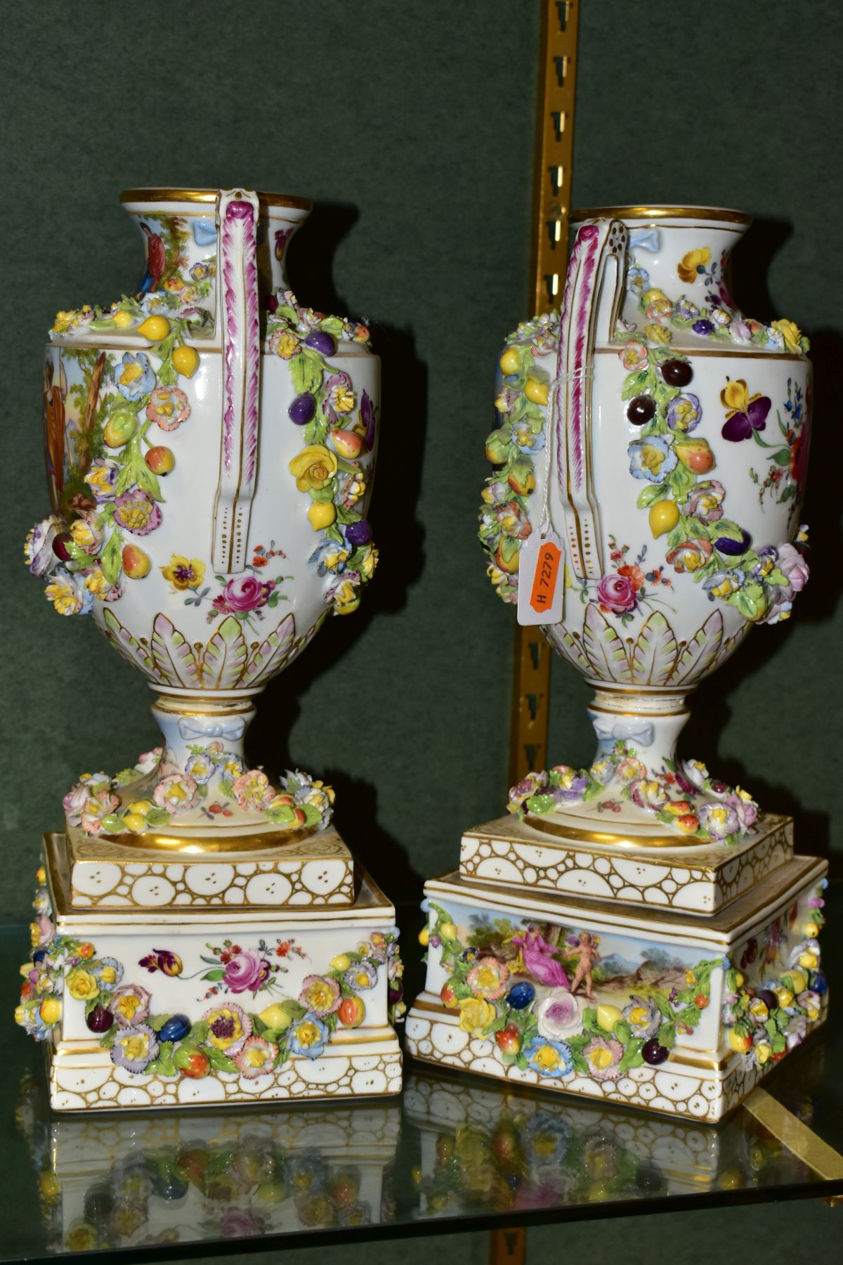 A PAIR OF EARLY 20TH CENTURY POTSCHAPPEL PORCELAIN TWIN HANDLED FLORAL ENCRUSTED VASES ON PLINTHS, - Image 11 of 20