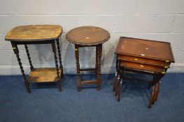 A REPRODUX MAHOGANY NEST OF THREE TABLES, on a cross legged frame, largest table, width 56cm x depth