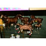 SEVEN BESWICK BROWN HORSES/FOAL, comprising Bois Roussel Racehorse No 701, 2nd version (leg loose