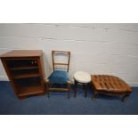 A REPRODUCTION HARDWOOD BUTTONED TANNED LEATHER FOOT STOOL, width 72cm x depth 54cm x height 38cm,