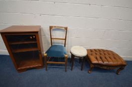 A REPRODUCTION HARDWOOD BUTTONED TANNED LEATHER FOOT STOOL, width 72cm x depth 54cm x height 38cm,