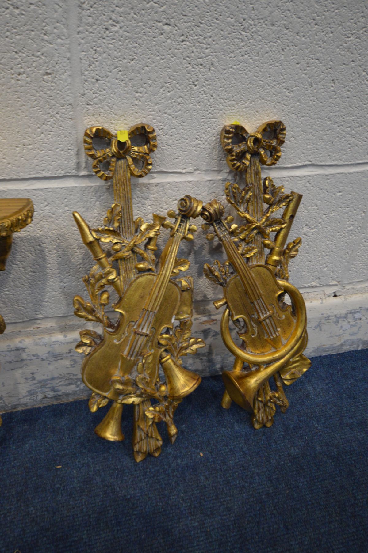 THREE PAIRS OF LATE 20TH CENTURY GILT WALL ART/DECORATION, and a rococo style glass two tier wall - Image 2 of 6