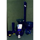 SEVEN PIECES OF MODERN BLUE GLASS, etc, to include a bulbous Bristol blue vase, height 11.5cm, a