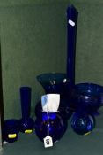 SEVEN PIECES OF MODERN BLUE GLASS, etc, to include a bulbous Bristol blue vase, height 11.5cm, a