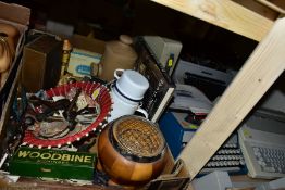 A BOX OF SUNDRIES AND COLLECTABLES AND THREE TYPEWRITERS, the box to include a tin containing '