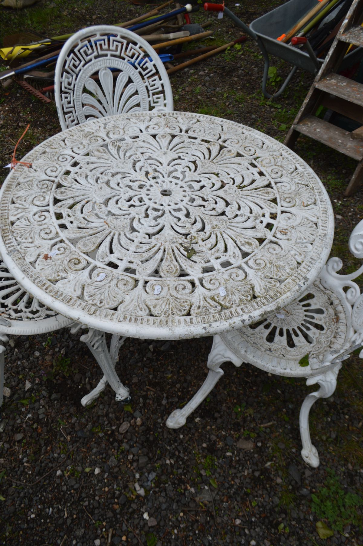 AN ALUMIUM WHITE PAINTED CIRCULAR GARDEN TABLE, diameter 82cm x height 65cm and three chairs (4) - Image 2 of 3