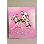 IN THE STYLE OF CAROLINE SHOTTON (BRITISH 1973) three quirky cows and a pile of heart shaped