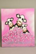 IN THE STYLE OF CAROLINE SHOTTON (BRITISH 1973) three quirky cows and a pile of heart shaped