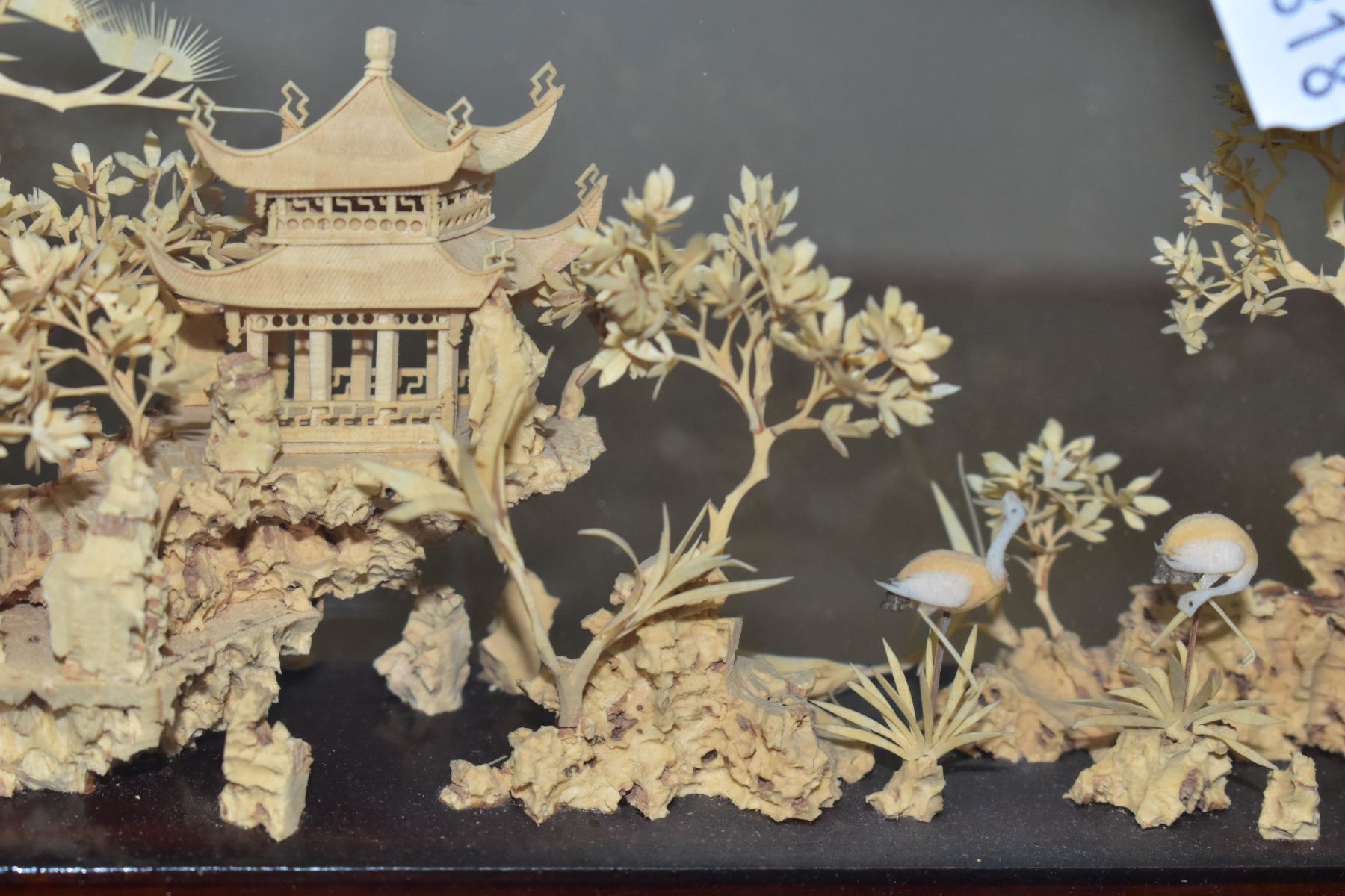 A 20TH CENTURY CHINESE CORK DIORAMA OF PAGODAS IN A LANDSCAPE, in a glazed case with a scrolled - Image 10 of 10