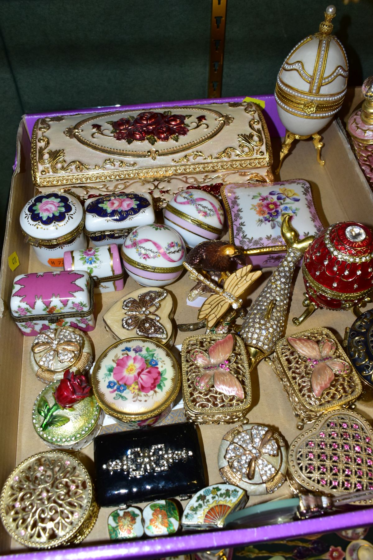 TWO TRAYS OF VARIOUS ORNAMENTS, PERFUME BOTTLES, TRINKET BOXES, ETC, to include Coalport miniature - Image 2 of 9