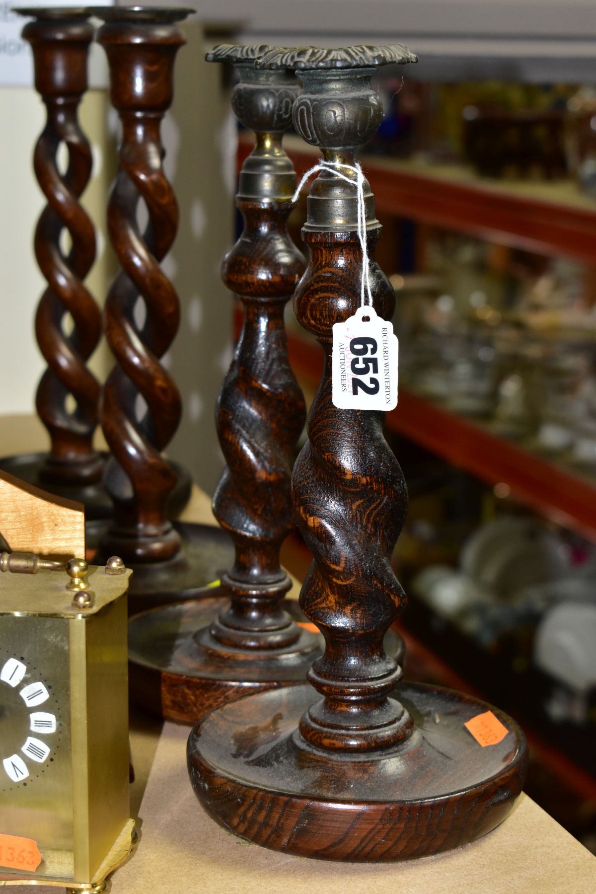 FIVE CLOCKS AND TWO PAIRS OF OAK BARLEY TWIST CANDLESTICKS, candlestick heights 29cm and 31cm - Image 3 of 8