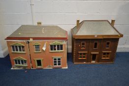 A WOODEN DOLLS HOUSE, modelled as a detached villa, front opening to reveal four rooms over two