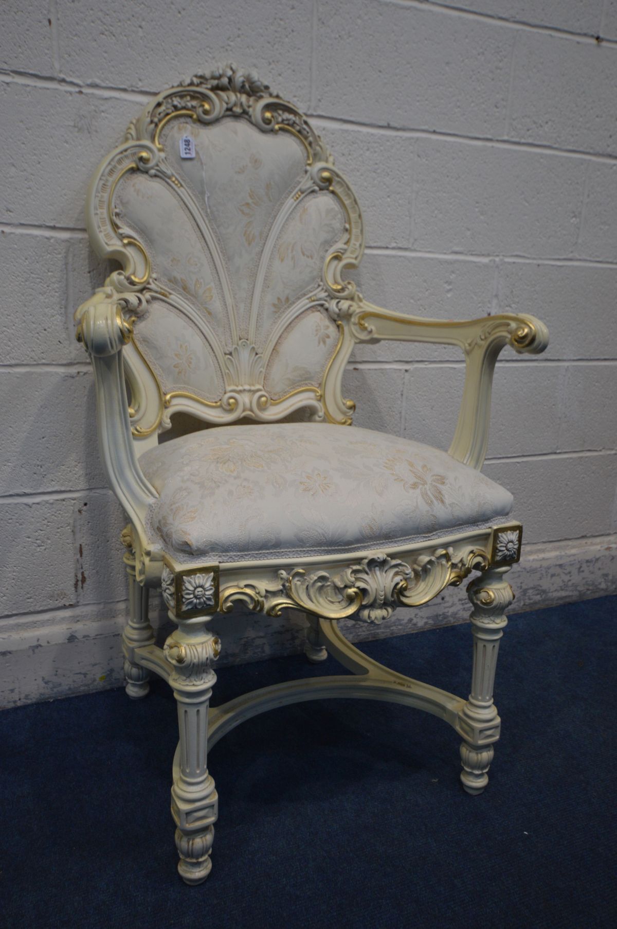 A CREAM PAINTED CONTINENTAL OPEN ARMCHAIR with a sunburst back on a crinoline stretcher - Image 3 of 3