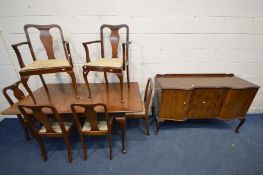 A WALNUT DINING SUITE, comprising an extending table, extended length 161cm x closed length 123cm