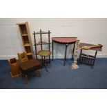 A QUANTITY OF OCCASSIONAL FURNITURE to include a mahogany demi lune table, magazine rack, what