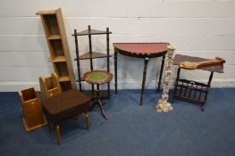 A QUANTITY OF OCCASSIONAL FURNITURE to include a mahogany demi lune table, magazine rack, what