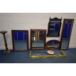 AN EXTENDING BRASS FENDER, a copper warming pan, beech torchere stand and five various mirrors,