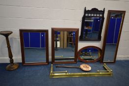 AN EXTENDING BRASS FENDER, a copper warming pan, beech torchere stand and five various mirrors,