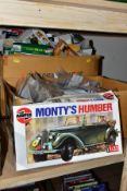 A QUANTITY OF ASSORTED PLASTIC MILITARY MODEL SPARE PARTS AND EMPTY BOXES, ETC, assorted spares,