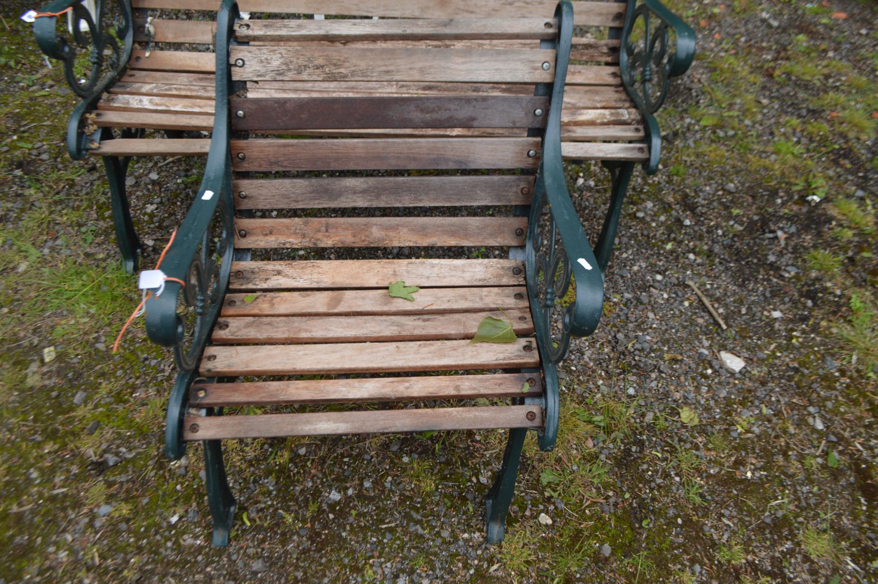 A CAST IRON GREEN PAINTED GARDEN BENCH with teak slats, length 130cm and a matching armchair, length - Image 2 of 3