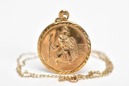 A 9CT GOLD HOLLOW ST CHRISTOPHER PENDANT NECKLACE, the pendant of a circular form, hallmarked 9ct