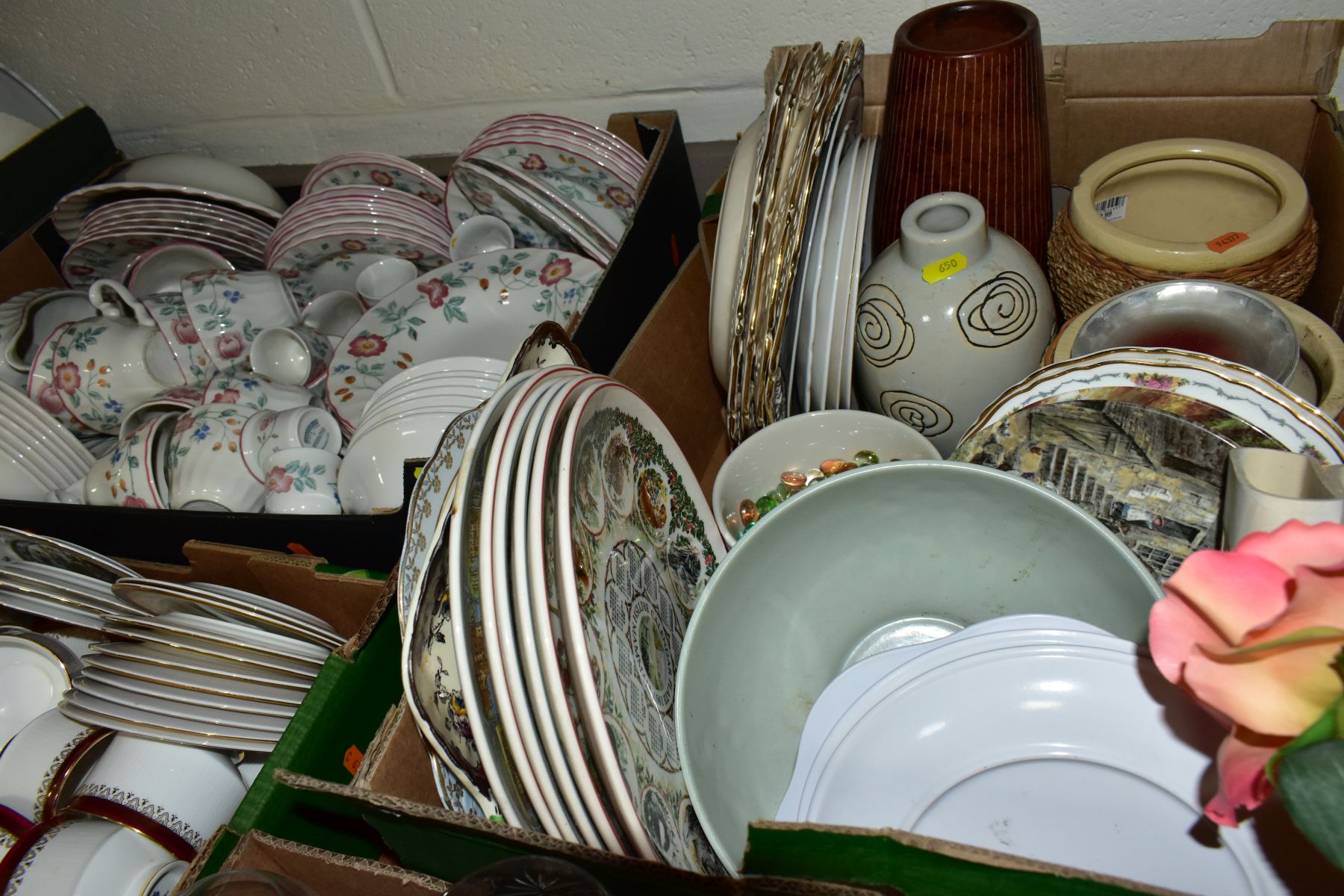 SIX BOXES OF CERAMICS AND GLASSWARE, including modern figural ornaments, a Churchill floral - Image 8 of 13