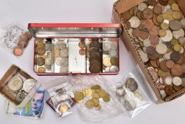 A BOX CONTAINING WORLD COINAGE to include a Edward VII gold half sovereign 1906, together with