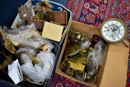 THREE BOXES OF ASSORTED WATCHMAKERS CLOCK PARTS, to include names such as 'E Johnson & Sons, Derby',