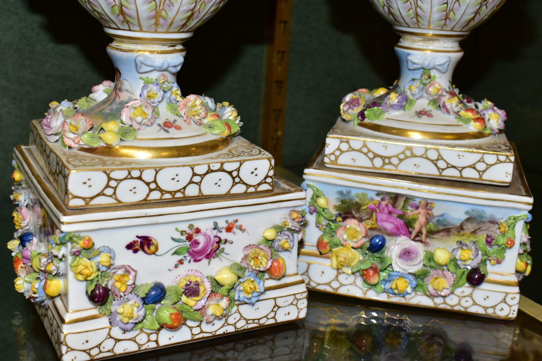 A PAIR OF EARLY 20TH CENTURY POTSCHAPPEL PORCELAIN TWIN HANDLED FLORAL ENCRUSTED VASES ON PLINTHS, - Image 12 of 20