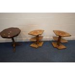 A PAIR OF WALNUT TWO TIER SPEAKER STANDS and a reproduction occasional pedestal table (3)