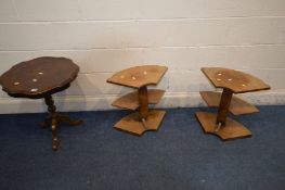 A PAIR OF WALNUT TWO TIER SPEAKER STANDS and a reproduction occasional pedestal table (3)