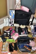 THREE BOXES OF LADIES SHOES AND HANDBAGS AND A NETBAGS SUITCASE, including some boxed shoes,