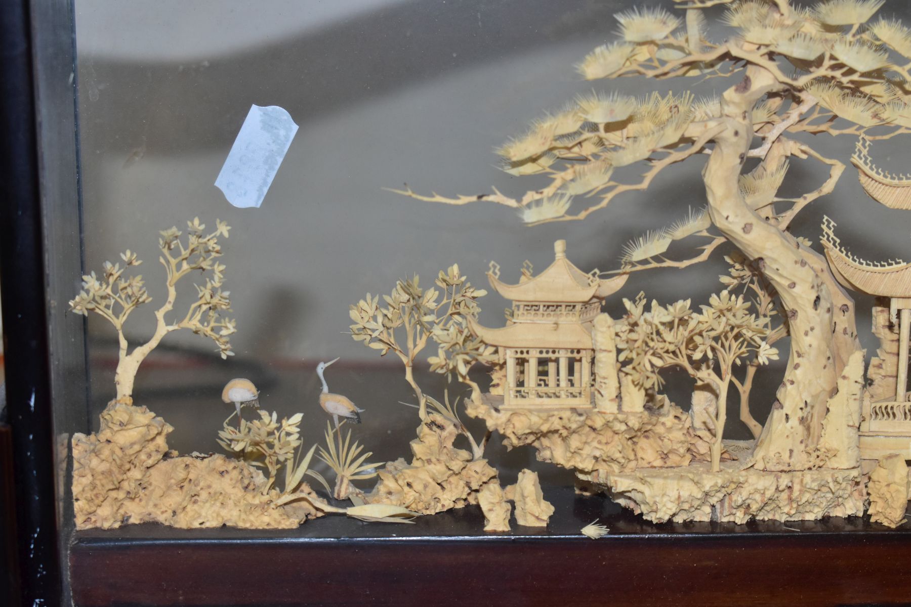 A 20TH CENTURY CHINESE CORK DIORAMA OF PAGODAS IN A LANDSCAPE, in a glazed case with a scrolled - Image 6 of 10