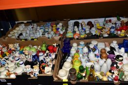 FOUR BOXES OF CONDIMENT POTS, INCLUDING NOVELTY ITEMS, including Mickey & Minnie Mouse, cows,