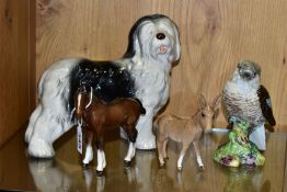 THREE BESWICK ANIMALS/BIRD AND A MELBA WARE OLD ENGLISH SHEEPDOG, the Beswick comprising Shire