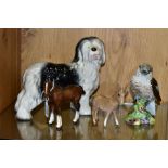 THREE BESWICK ANIMALS/BIRD AND A MELBA WARE OLD ENGLISH SHEEPDOG, the Beswick comprising Shire