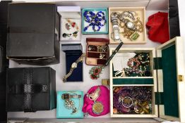 A BOX OF ASSORTED COSTUME JEWELLERY AND A JEWELLERY BOX, to include a white metal filigree floral