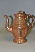 A VICTORIAN SALT GLAZED STONEWARE COFFEE POT AND COVER, having applied decoration of vine and grapes