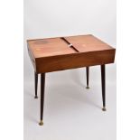 A TEAK WOODEN CANTEEN, raised on four tapered legs with brass fittings to the bottom of each,