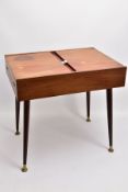 A TEAK WOODEN CANTEEN, raised on four tapered legs with brass fittings to the bottom of each,