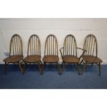 A SET OF FIVE ERCOL QUAKER BACK CHAIRS, including one carver, four with original seat pads